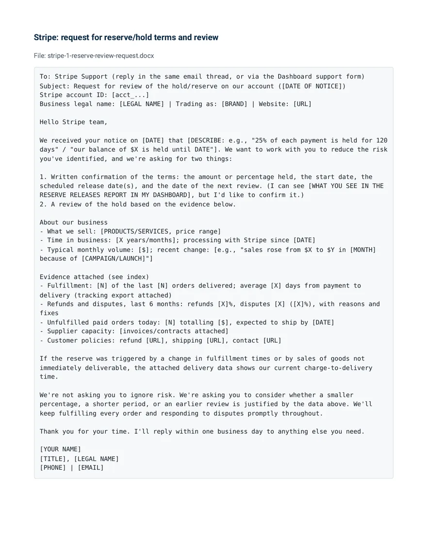 A page from the pack: the Stripe reserve review request letter, a full email template with bracketed fields to fill in.