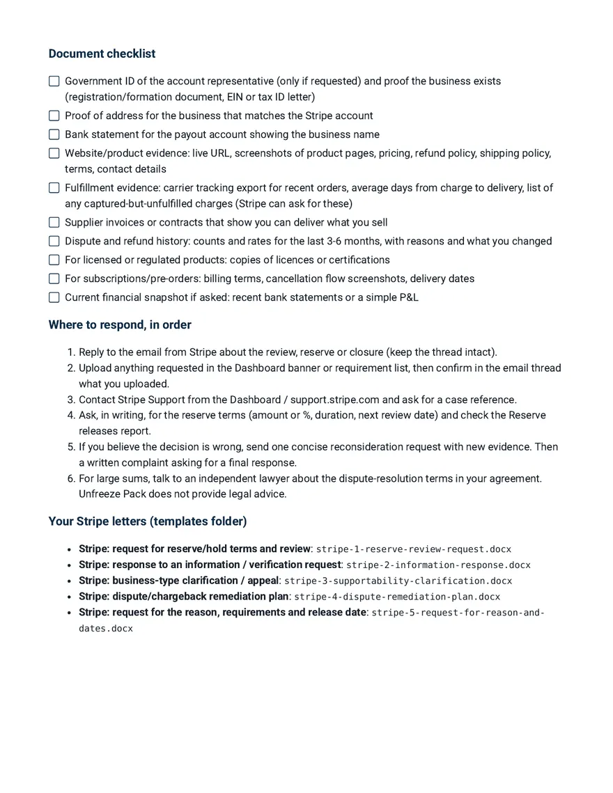 Stripe chapter page with a document checklist and the order of channels to respond through.